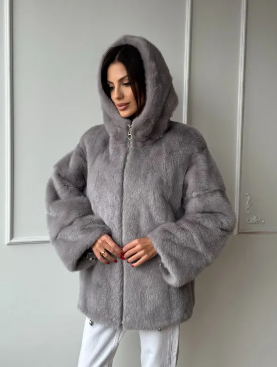 Женский меховой бомбер из аукционной норки с капюшоном  на молнии - фото 0