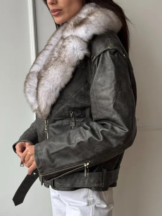 Куртка - косуха демисезонная из натуральной кожи с мехом песца - фото 4
