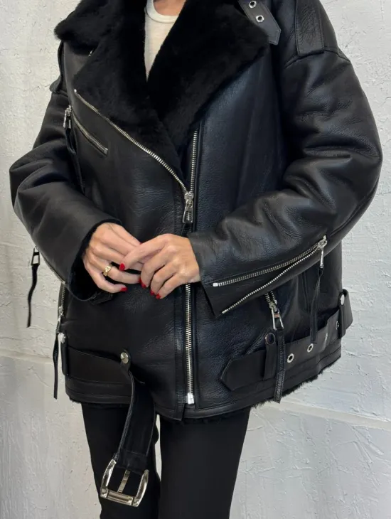 Дубленка зимняя авиатор из натуральной овчины - цвет черный - фото 1