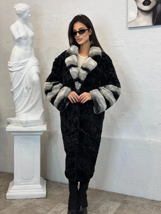 Шуба из меха афганского каракуля с отделкой из щипаной норки под шиншиллу - фото 11