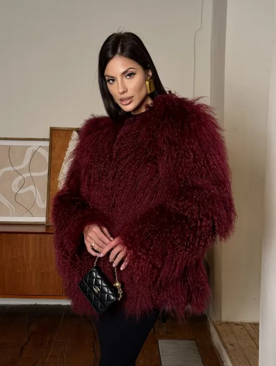 Шуба из меха ламы цвет Burgundy - фото 8
