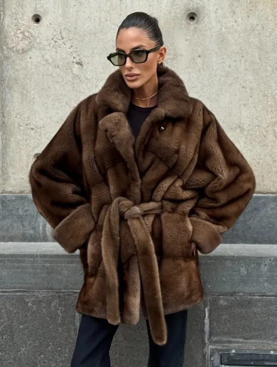 Шуба летучка из премиум меха норки - цвет соболь - фото 5