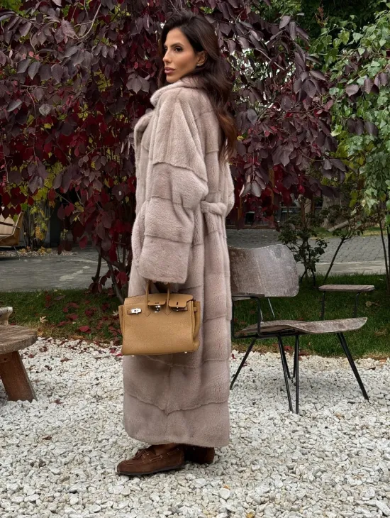 Длинная норковая шуба с поясом - фото 7