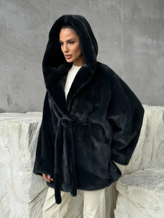 Шуба норковая летучая мышь с капюшоном - фото 10