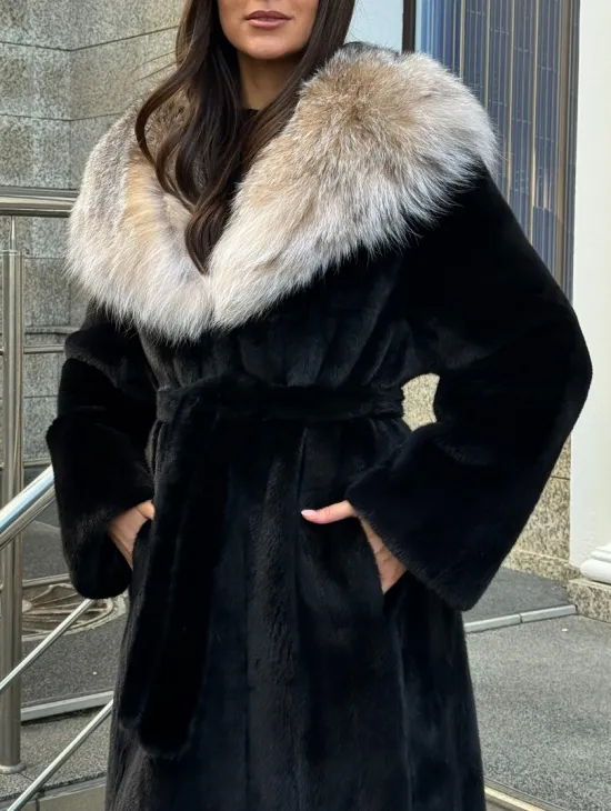 Черная норковая шуба с капюшоном из рыси - фото 2