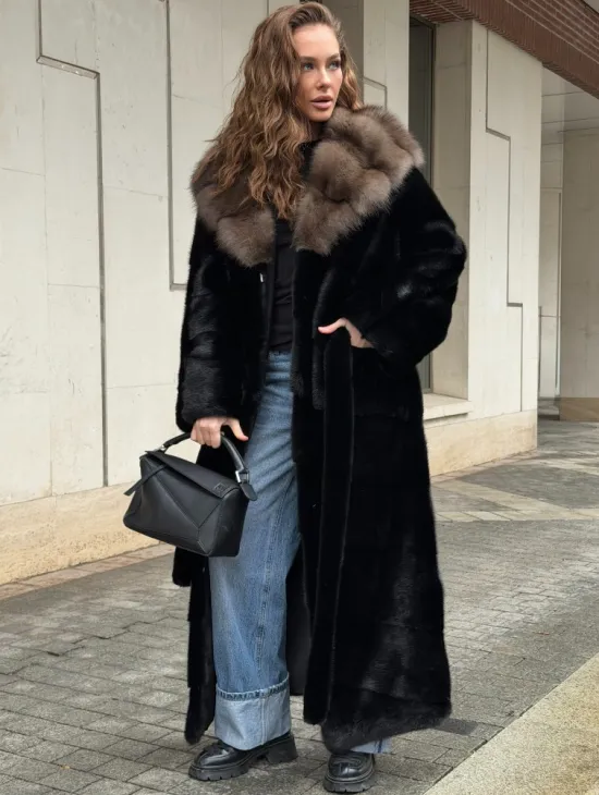 Длинная норковая шуба - кимоно с капюшоном куница - фото 3