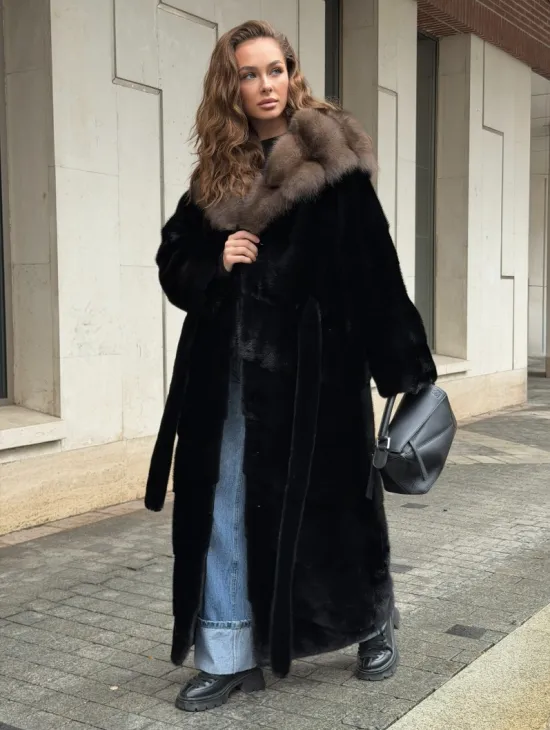 Длинная норковая шуба - кимоно с капюшоном куница - фото 8