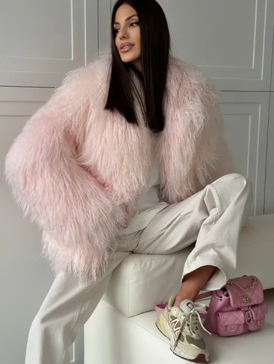 Шуба из меха ламы - цвет розовый - фото 3