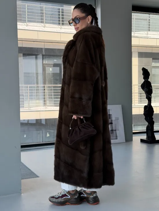 Коричневая норковая шуба - кимоно - фото 6