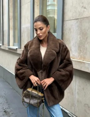 Норковый полушубок с английским воротником - цвет орех - фото 15