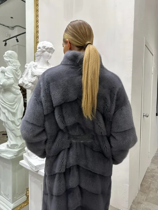 Норковая шуба воротник отворот - цвет сапфир - фото 1