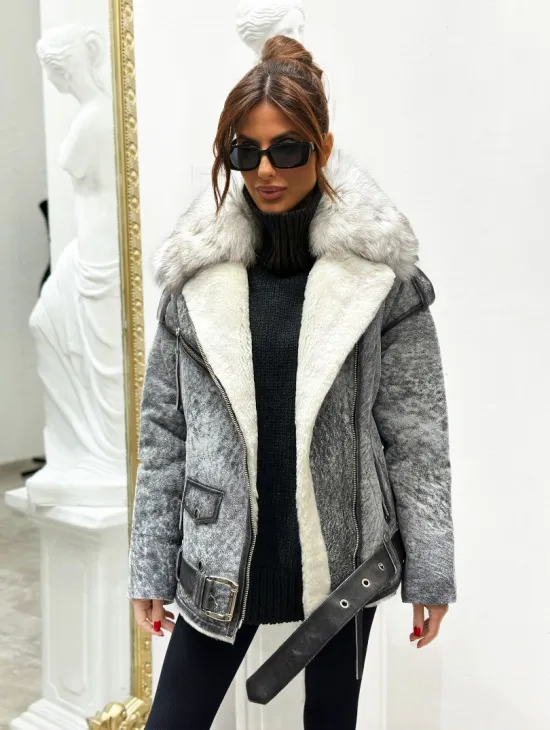 Дубленка из натуральной овчины - цвет серый - фото 3