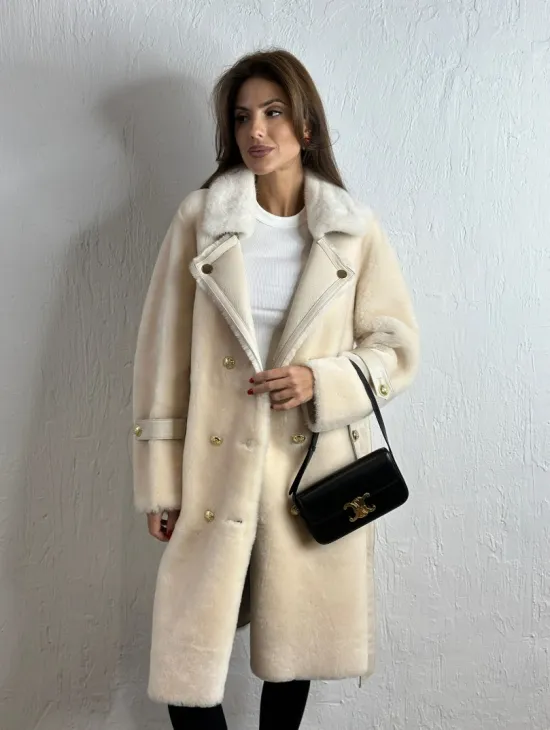Дубленка из овчины с мехом норки - цвет молочный - фото 4