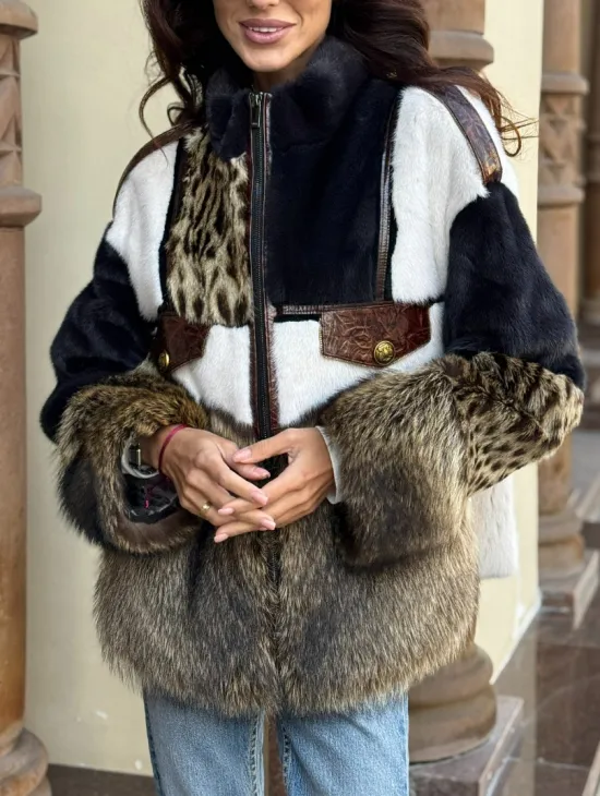 Комбинированная курточка из меха норки и енота - цвет графит - фото 2