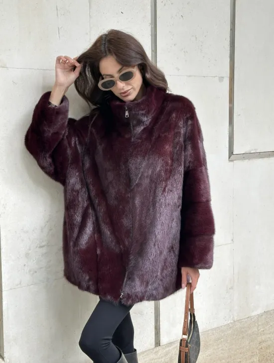 Женская норковая курточка - цвет бордо - фото 8